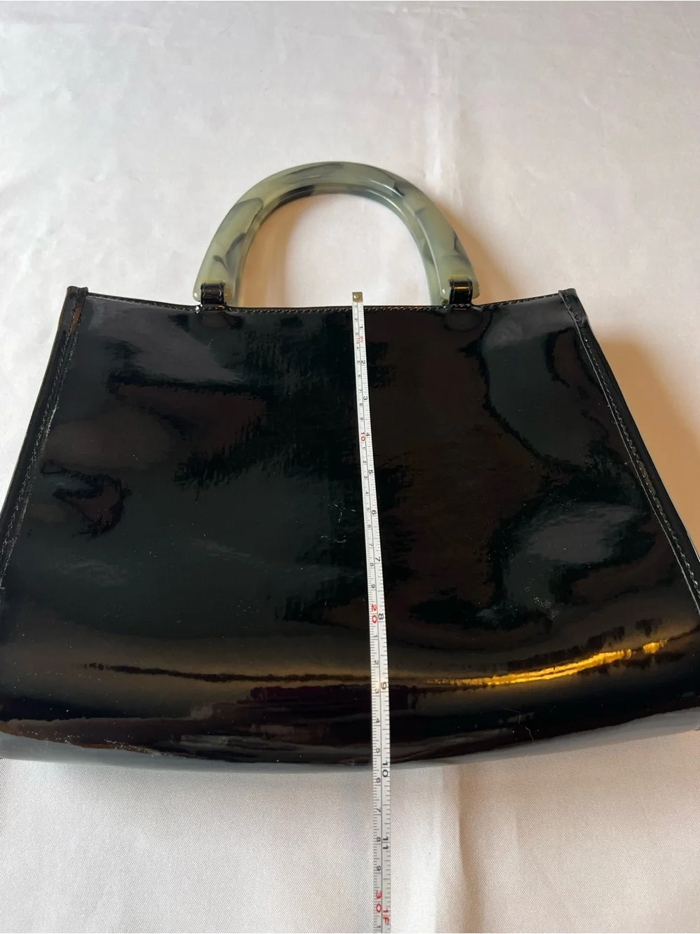 Neiman Marcus Black Patent Satchel with Marbled Green Handle